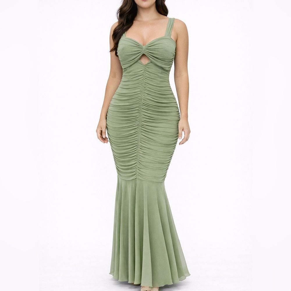 Chartou Light Green Mermaid Fishtail Ruched Dress Long Formal Size Small Bodycon